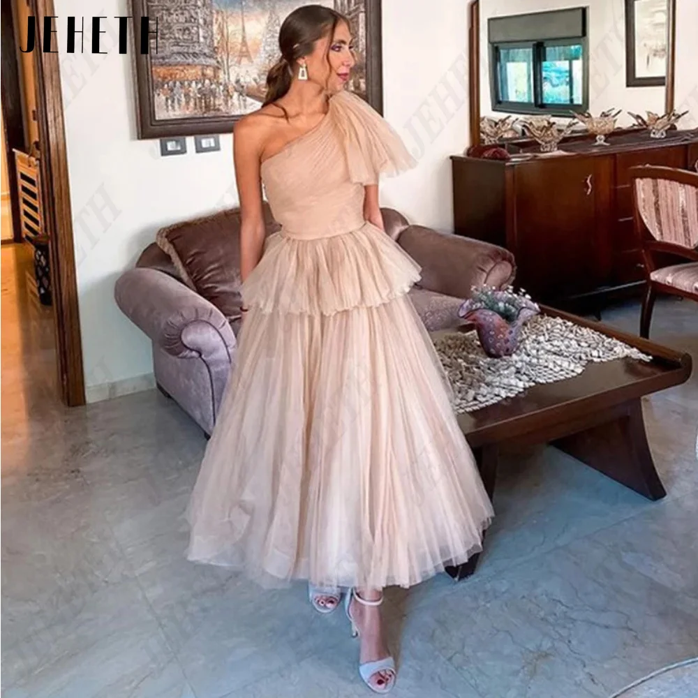 

JEHETH Champagne Evening Dresses One Shoulder Sleeveless Modern Party Dresses A-Line Tulle Tea-Length vestidos prom 2023