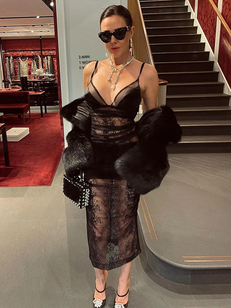 Nibber Midnight Backless Dress Woman Mesh Patchwork Lace-Up Halter Sleeveless Robe Club Party Sexy Fashion Coquette Vestidos