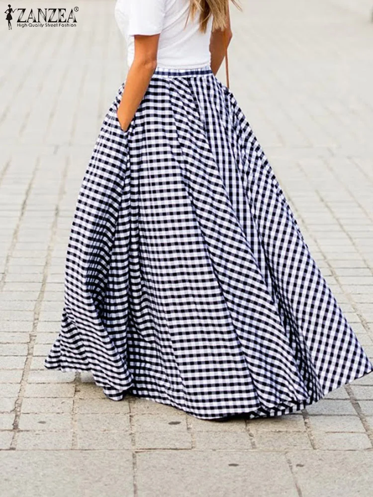 Moda Feminina Assimétrico Saias Zanzea Verão Xadrez Maxi Longas Casual Cintura Elástica Feminino ol Vintage A-line 2022 11 xadrez maxi saias longas casual cintura elástica