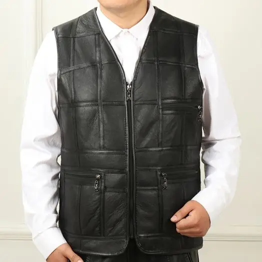 

2023 Men's Autumn Winter New Fashion V-neck Waistcoat Male Genuine Leather Patchwork Vest Men Thick Warm Sleeveless Coats D368