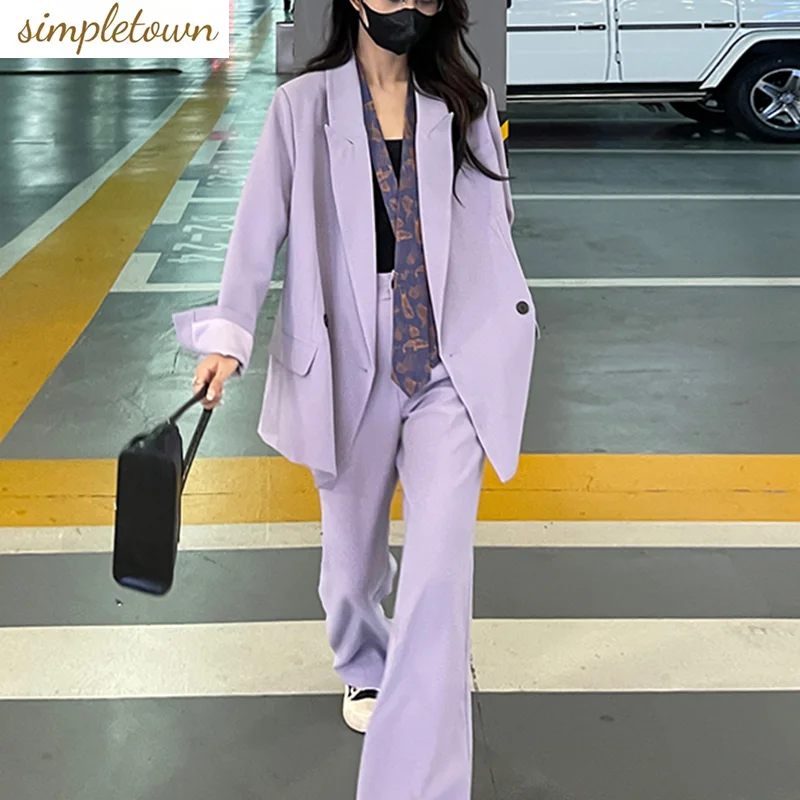 Loose and High-end Casual Suit Set for Women's Spring Purple Silhouette Long Sleeved Top Wide Leg Pants Two Piece Set