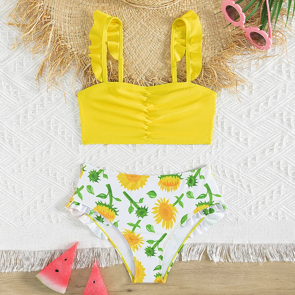 

5-14 Years Girl Sunflower Bikini Swimsuit Kids Ruffle Trim Two Piece Children's Swimwear 2024 Teen Bathing Suit Summer Beachwear