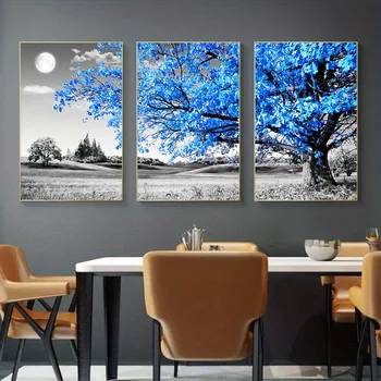 3PCS Blue Tree in The Gray Landscape Poster Nordic Wall Art Canvas Paintings 1