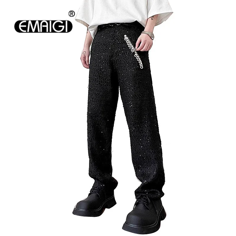 

Men High-quality Sequined Zipper Decorative Slim Fit Casual Pants Streetwear Fashion Punk Trousers Male Stage Show Clothing