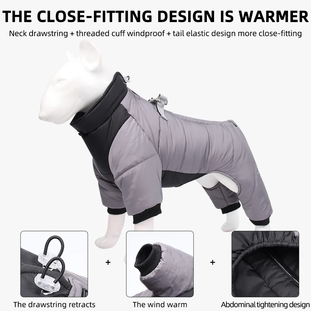 Dog Clothes Winter Warm Reflective Four Legged Jacket Outdoor Waterproof Windproof Traction Harness Jumpsuit French Bulldog Coat