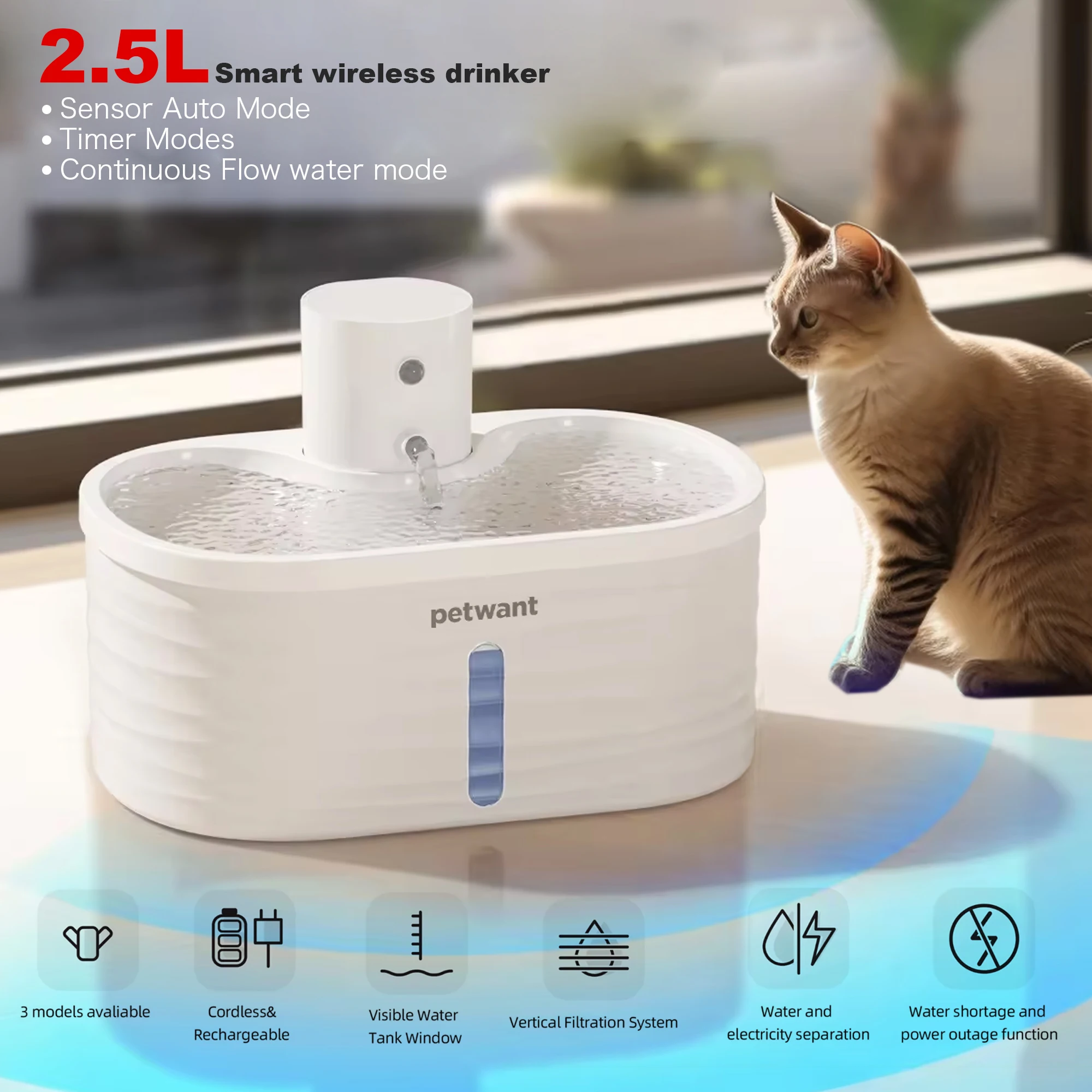 

2.5L Cat Fountain with Infrared Induction Wireless Remote Control Timing Automatic Feeder Rechargeable Ultra Quiet Cat Accessory