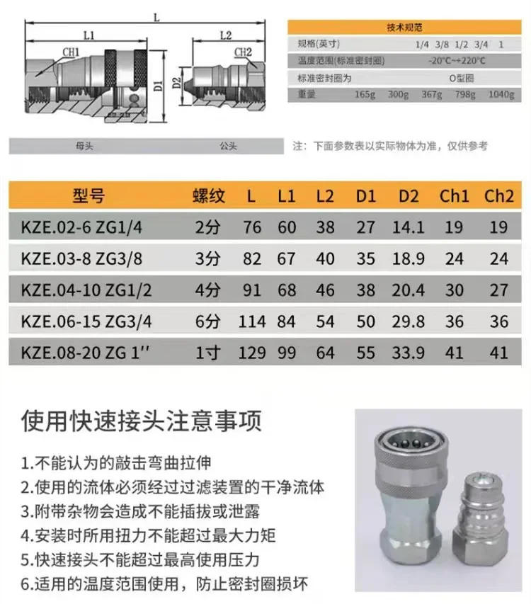 Hydraulic quick connector KZE. 2-6 G1/4 3-8 4-10 6-15 8-20 10-25