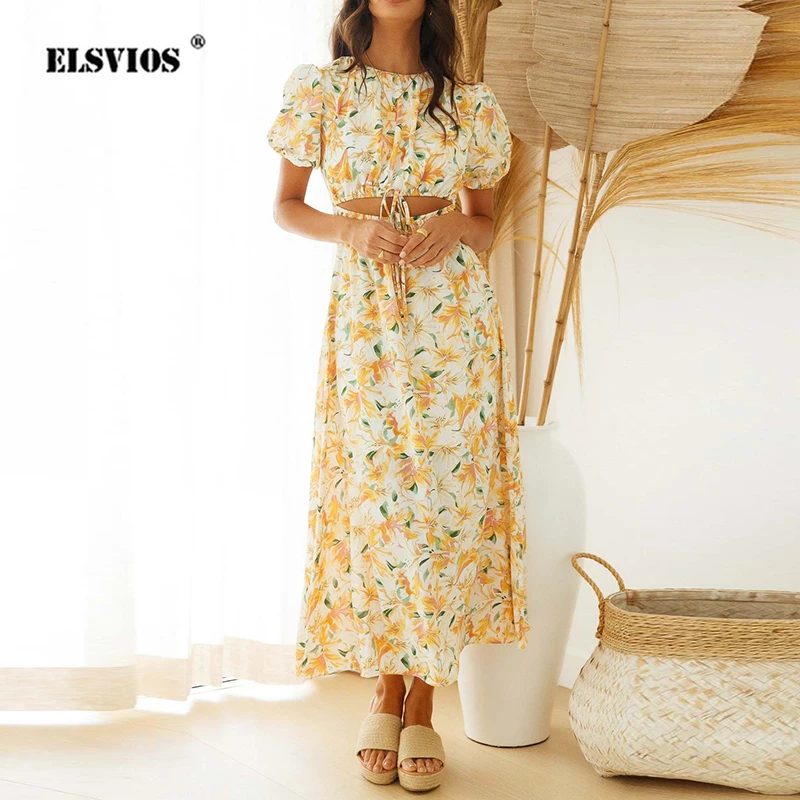 

Spring And Summer 2023 New Round Neck Printing Short Sleeve Lace Up Dress With Elastic Waist Temperament Sweet Slim Women Dress