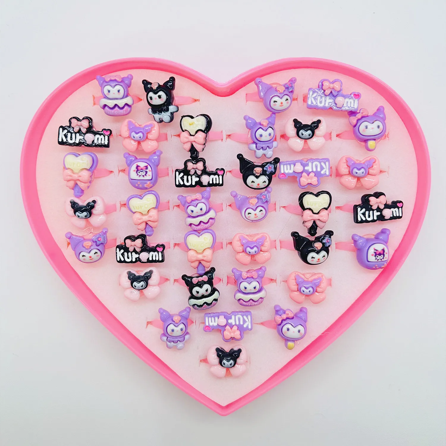 

36Pcs/box Sanrio Hello Kitty Kuromi Kids Ring Adjustable Baby Rings Cinnamoroll Cartoon Children Girl Rings Heart Box Toy Gifts