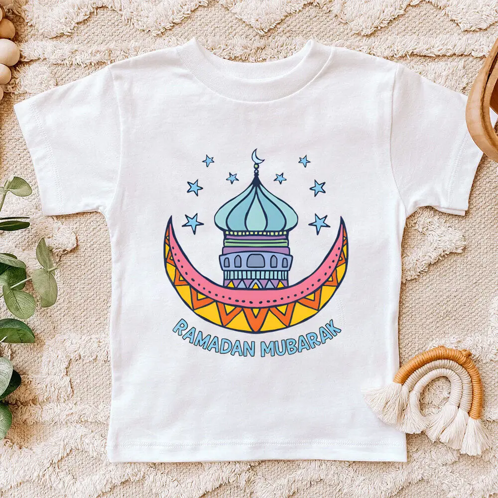 Eid Mubarak Moon Star Printed Kids Shirts Eid Ramadan Child T-shirt Tops Islamic Muslim Holiday Boys Girls Short Sleeve Outfit 4