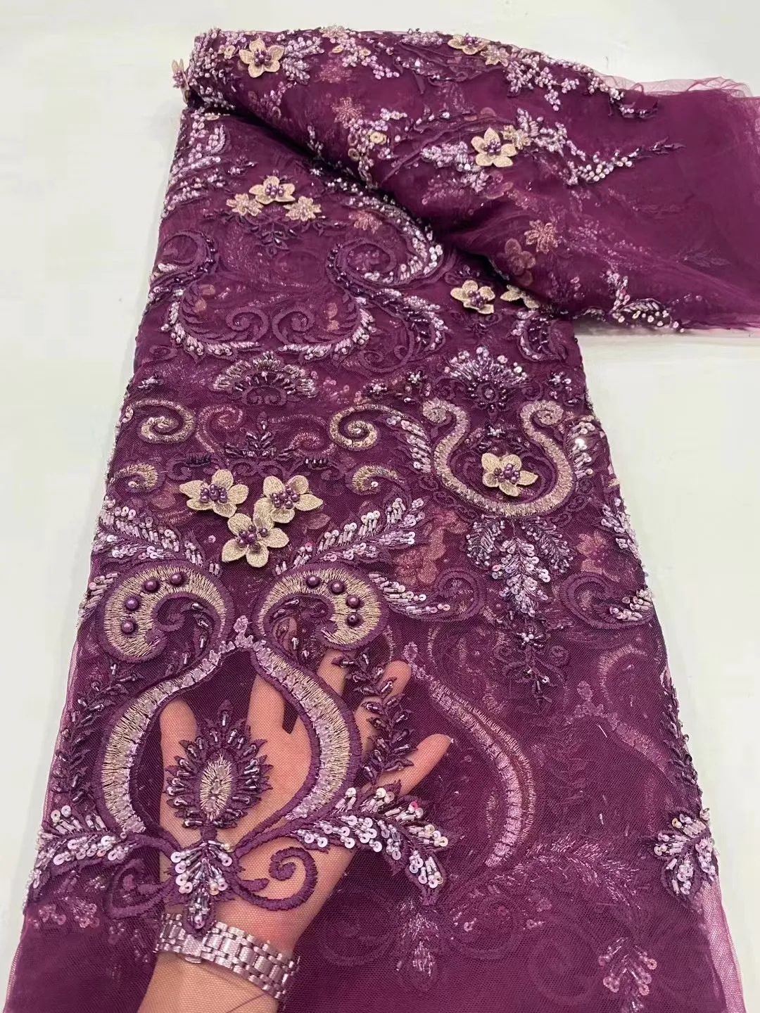 

Purple French Luxury Handmade Beaded Lace Fabric African Latest Tulle Lace Fabrics for Bridal Material Lace for Wedding