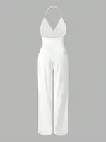 Women's Elegant Backless Satin Jumpsuit with Pearl Button Chain - Image 2