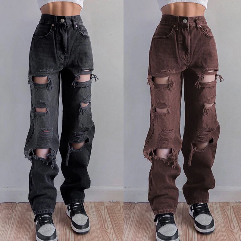 Women's Fashion High Waist Jeans Street Retro Hole Loose Wide Leg Y2K Summer Women's Street Hole Hip Hop Straight Pants jeans jacket