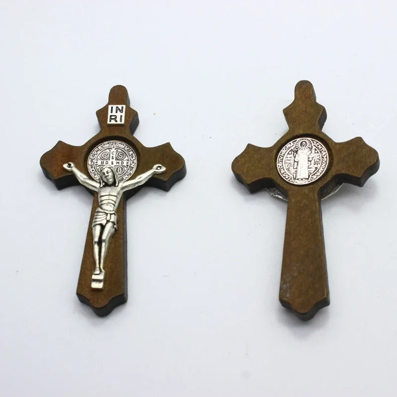 3pcs Religious Wooden Antique Black Brown Cross Rosary Pendant Jesus Saint Benedict Beaded Necklace for Men Women Jewelry handheld wooden cross wooden cross pectoral cross necklace christ pendant