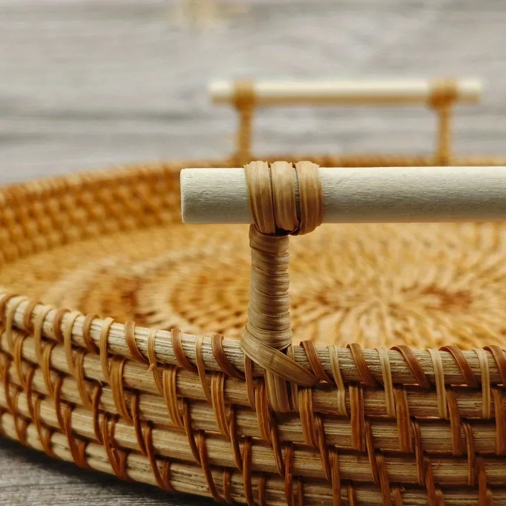 Multi-purpose Hand-made Rattan Tray Rattan Woven Anti-hot Insulation Tray Kitchen Camping Home Clothes Storage Fruit Basket 6