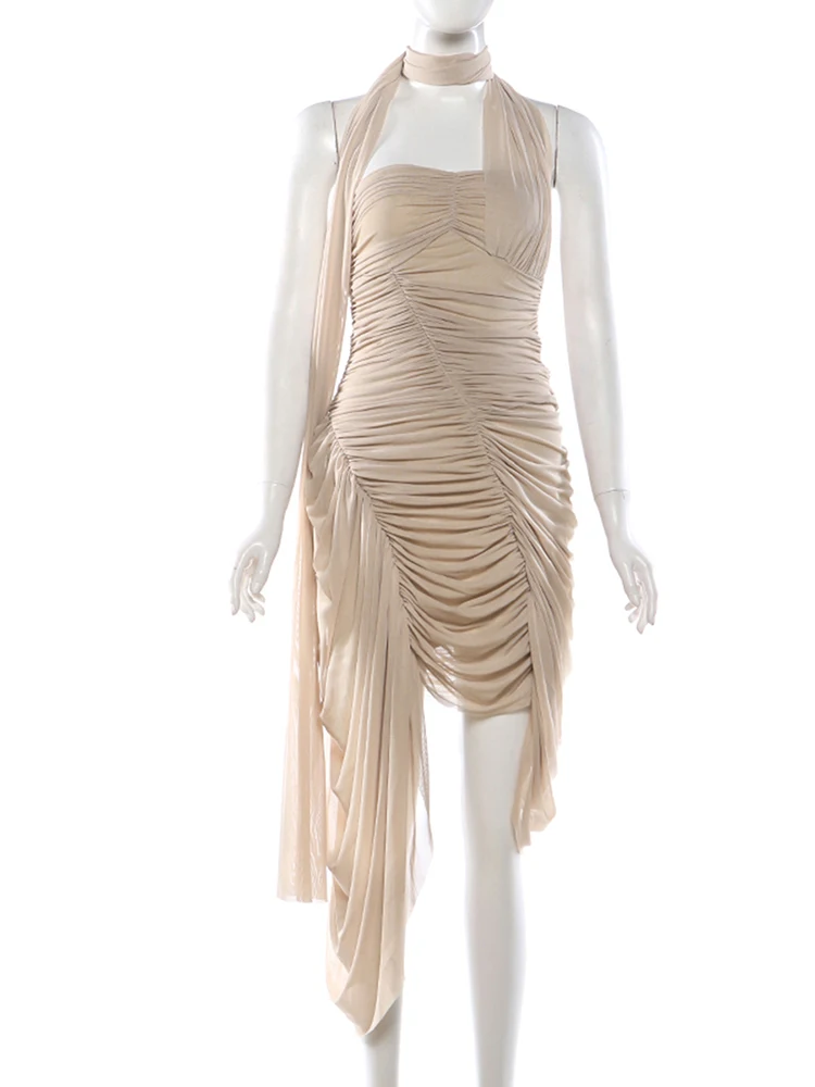 Peach Mesh Halter Bodycon Dress for Women