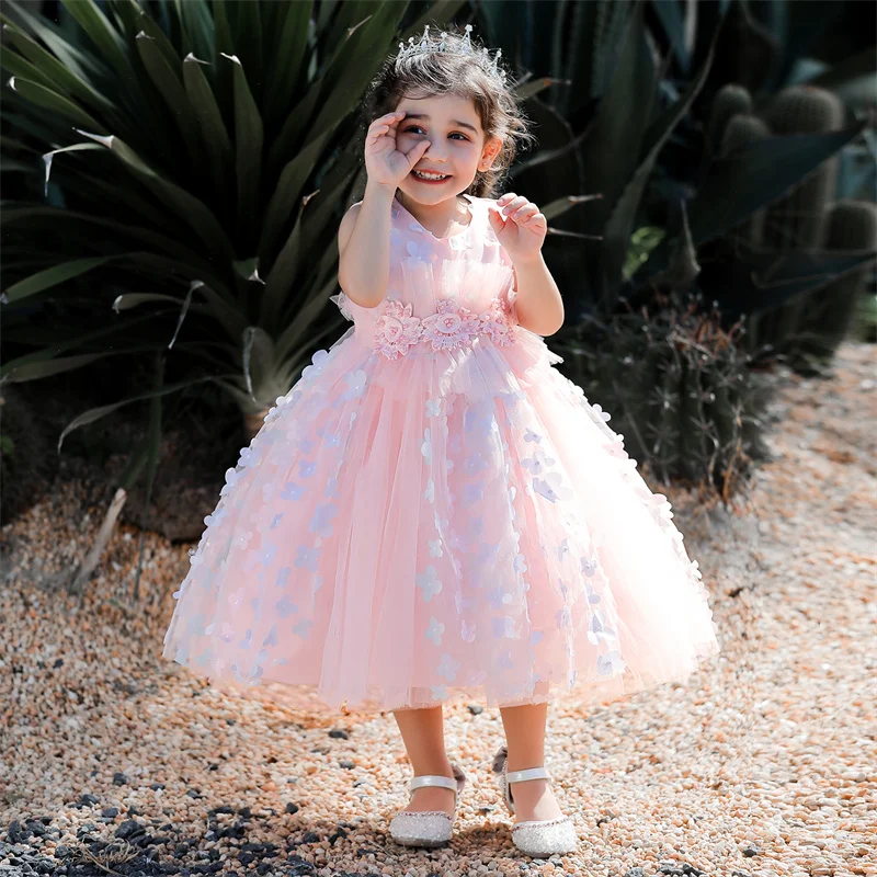 

Birthday Show Party Dress Little Girls Ball Gown Sleeveless Mesh Applique Beautiful Princesses Children Mid Claf Summer Cloth