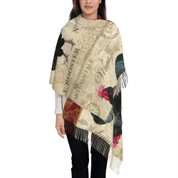 Vintage Postcard With Rooster Women's Tassel Shawl Scarf Fashion Scarf