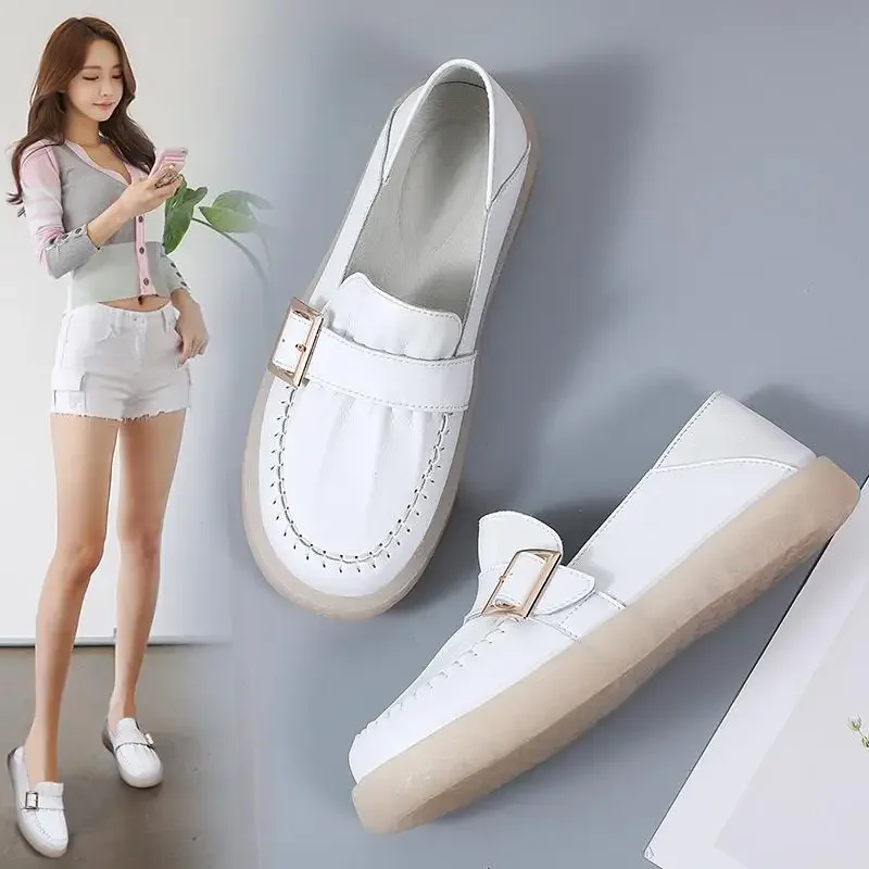 

Soft Leather Comfortable Genuine Leather Soft Bottom Mom Shoes Shallow Mouth round Toe Flat Bottom Moccasins Pregnant Women's