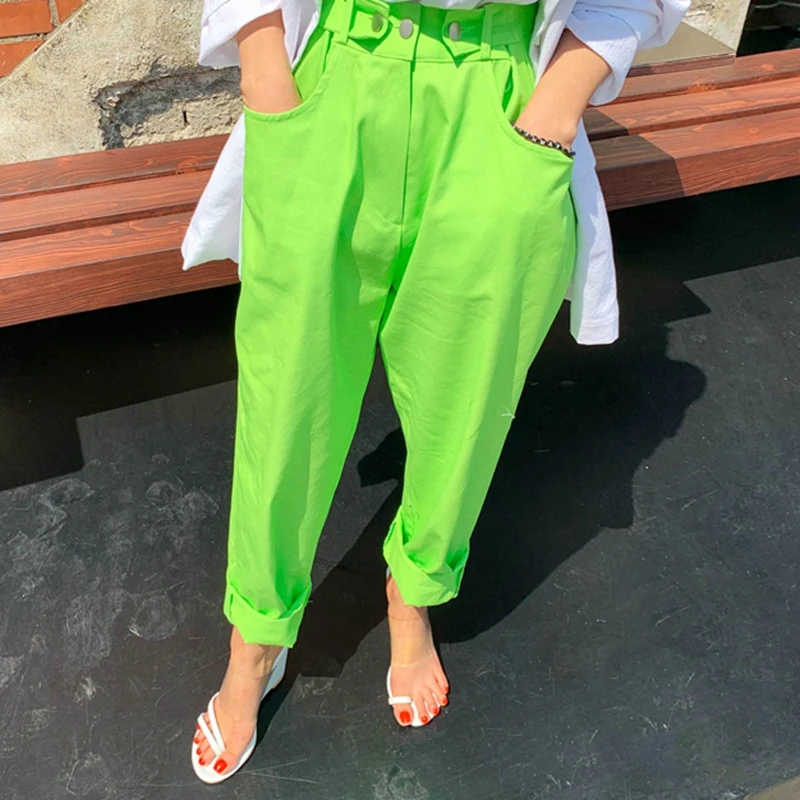 

2023 Fluorescent Green Harem Pants For Women BF Loose High Waist Straight Summer Trousers Pockets Female 3924
