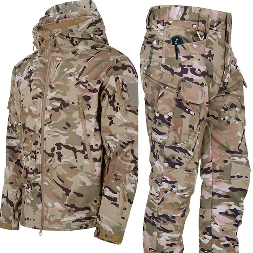 New Men's Winter Jacket Tactical  Sets Fleeced Sharkskin Windproof Waterproof Padding Suits Paintball Uniform Pockets Camo 2