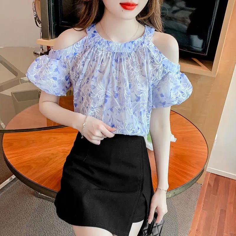 

Fashionable Fairycore Summer New Blouses Women's Spliced Printing Loose Off the Shoulder Round Neck Short Sleeve Pullover Shirts