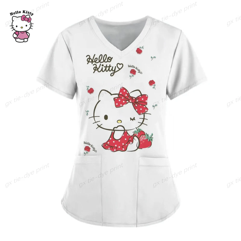 thumbnail image 1 of Camisetas de verano con cuello en V de Hello Kitty, camisetas de hospital para mujer 2023, uniforme de enfermera, ropa de mujer, camisetas con bolsillo, camisetas, 1 of 5