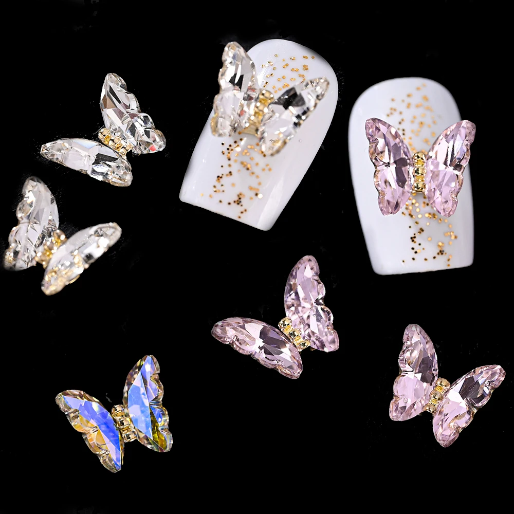 

10pcs Aurora Butterfly Nail Charms Clear/Pink Glass Crystals Nail Butterfly 3D Nail Decorations Gems Luxury Crystals