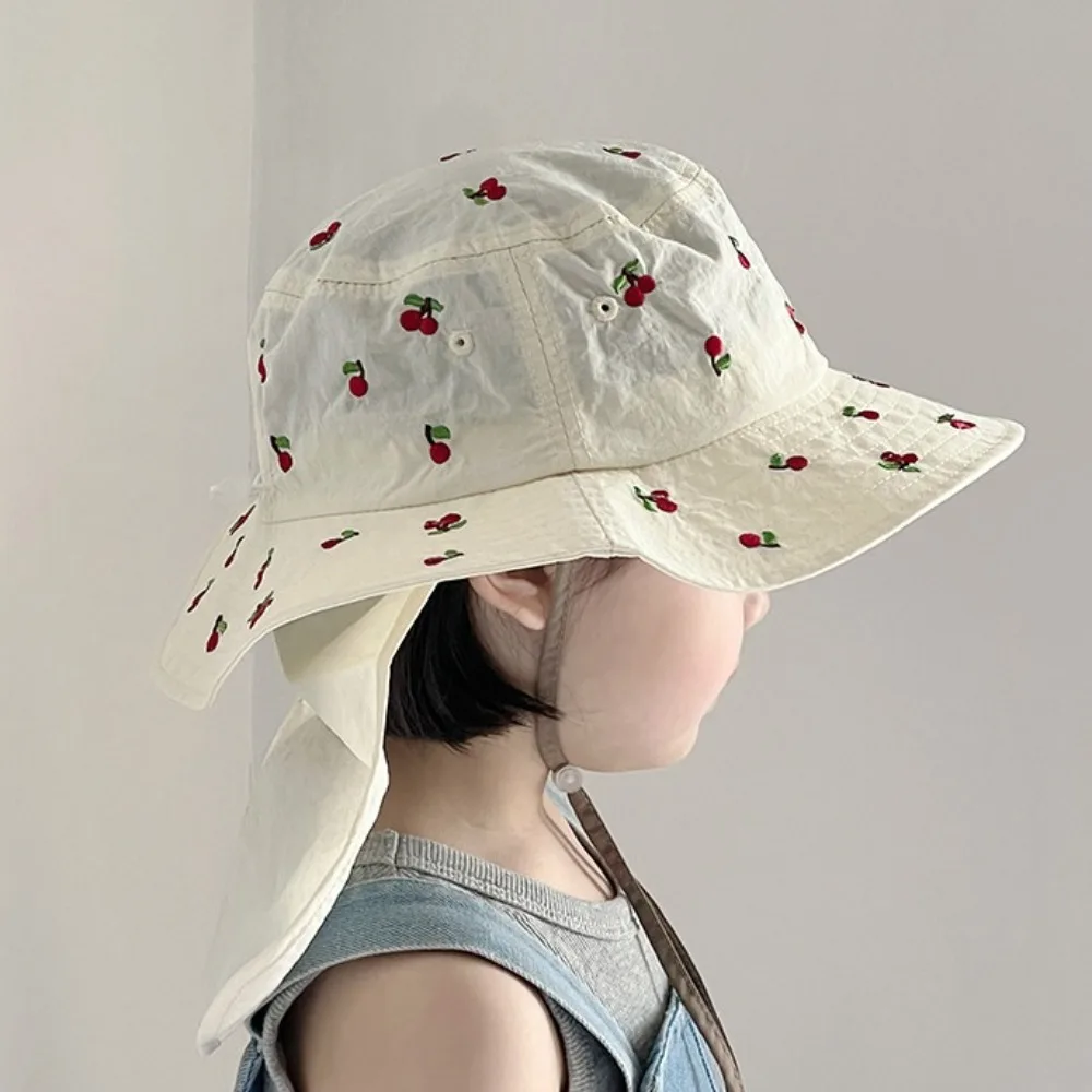 Kawaii Children Panama Cap Cartoon Embroidery Neck Protection Baby Sun Hat Quick-dry Fashion Broad Brim Bucket Hat Beach