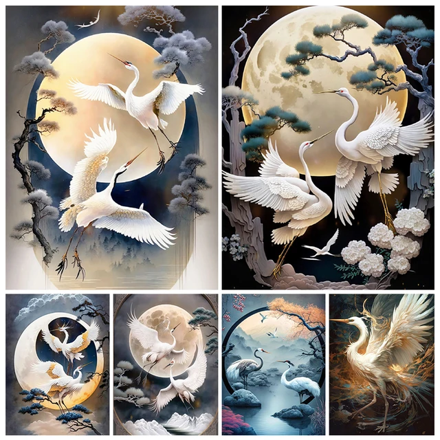 5D DIY Diamond Painting Pine Crane Moon Cross Stitch Kits Chinese Style Diamond Embroidery Full Rhinestones Wall Art Home Decor