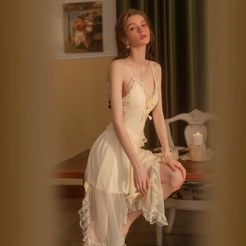 TOMOE GOZEN 2023 New Sexy Nightgown Ice Silk Home Wear Female Summer Nightie Nightdress for Women Deep V Apricot Rose Pajamas