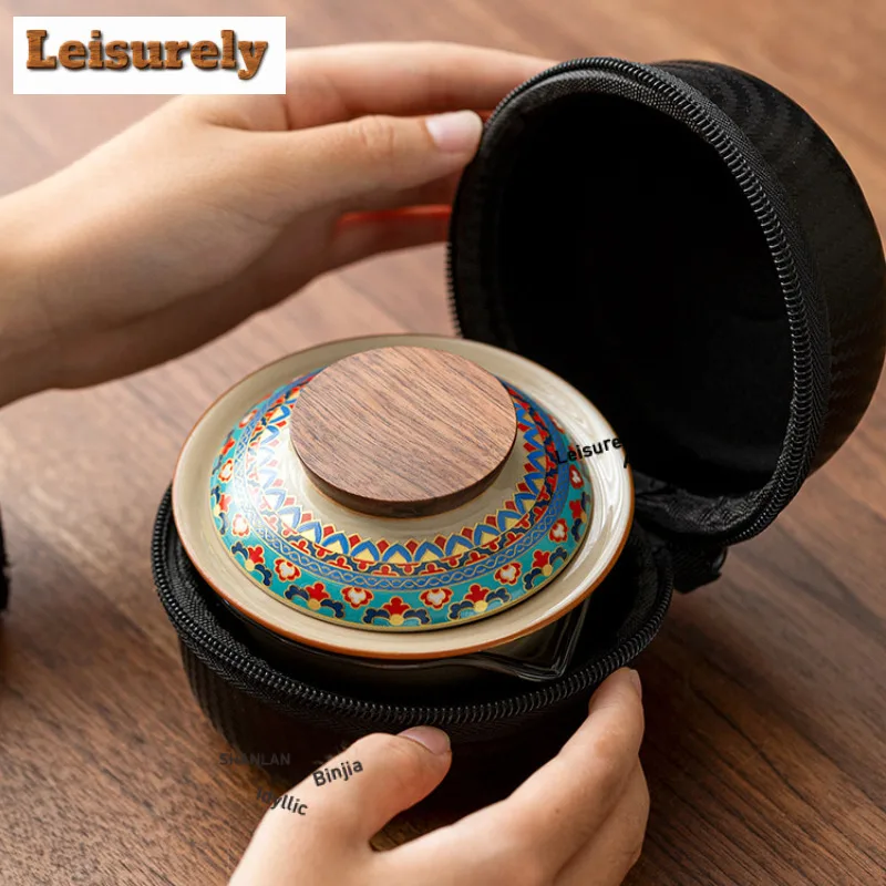 Dunhuang Baoxiang Pattern Travel Tea Set Kit Boutique 1 Pot 3 Cups Household Tea Brewing Organizer Portable Outdoor Stock Bags