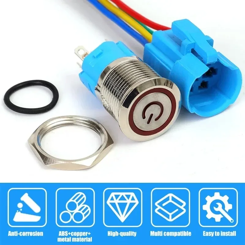 16mm Push Button Switches 12V LED Waterproof Metal Latching Switch for Marine Push Button Car Audio Push Button Switch