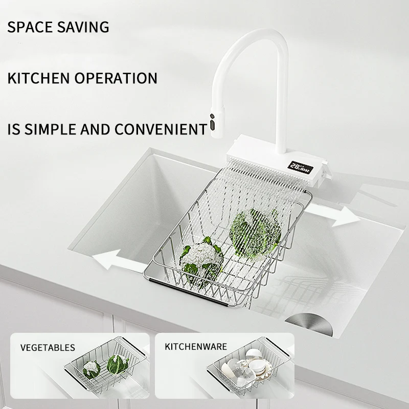 White Stainless Steel Kitchen Sink with Digital Display Multifunction Waterfall Faucet large Wash Basin for Kitchen Accessories