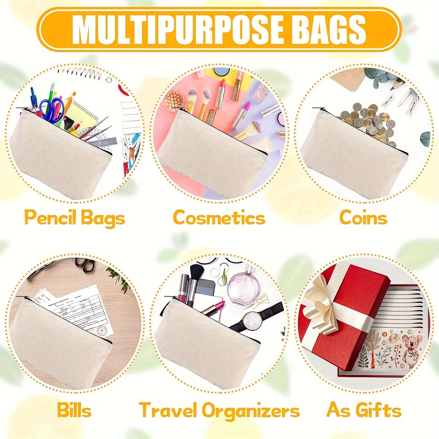 6pcs Blank DIY Craft Bag Canvas Pencil Case Blank Beige Makeup Zipper Bags- Pencil Pouch Cosmetic BagTravel Toiletry Bag 6