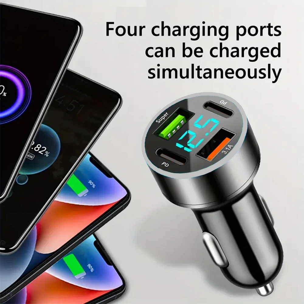 Total 200W Dual USB C Car Charger with Voltage Display Super Fast Charging Adapter 4 in 1 for iPhone Samsung Xiaomi Huawei OPPO phone charger car charger phone charger adapter car phone charger