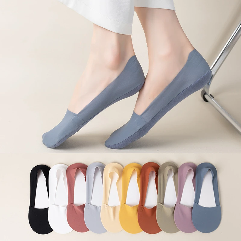 Woman Socks 4 Pairs Shallow Mouthed Invisible Ice Silk Boat Candy Colored Thin Breathable Silicone Non Slip Cotton