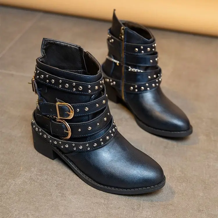 Punk Style Women Ankle Boots Rivets Studded Thick Sole Shoes Woman Black Short Booties Casual Knight Botas Mujer