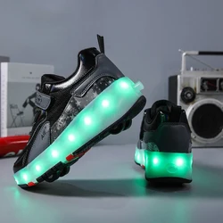Kids Shoes Fashion Trend LED Light Up Sports Shoes Double Wheels Roller Skates Outdoor Boys Girls Casual Skateboarding Sneakers