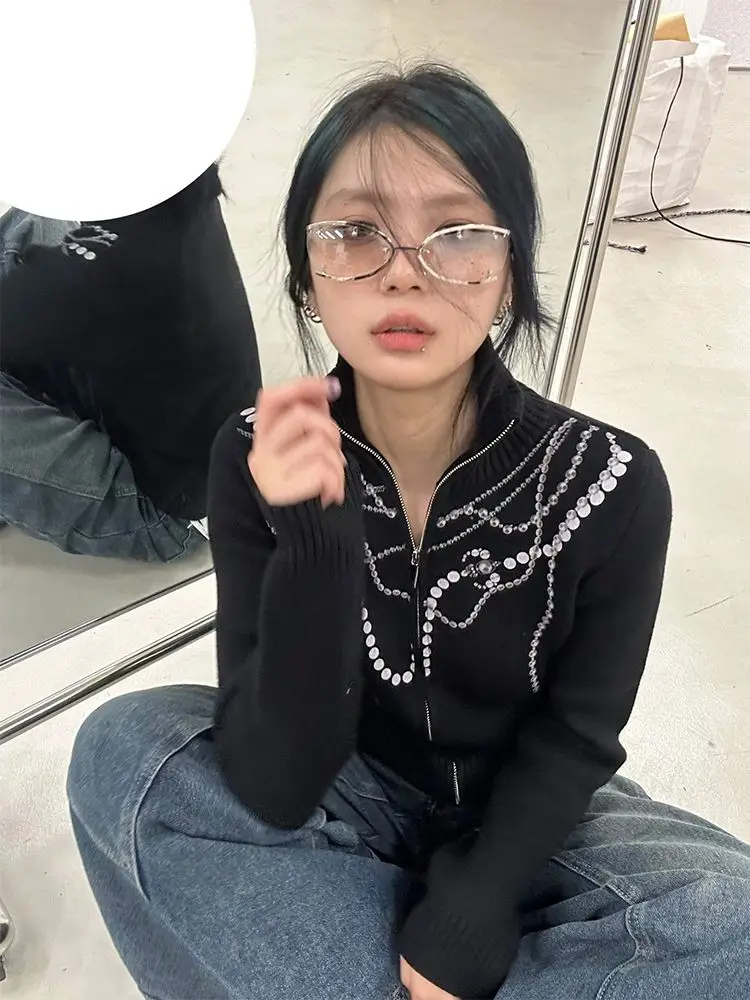 

Deeptown Vintage Black Knitted Cardigan Women Harajuku Grunge Turtleneck Sweater Fairycore Zipper Knitwear Tops Y2K Streetwear