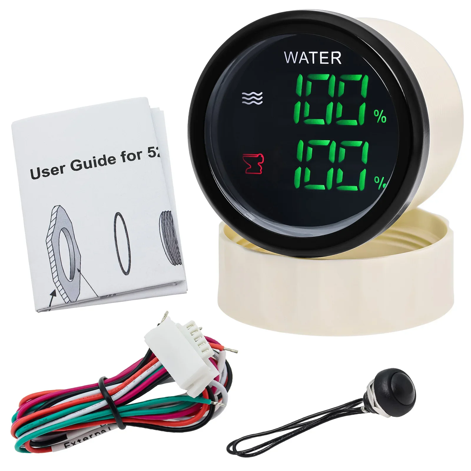 다기능 2 IN 1 수위 게이지+하수 수위 게이지 녹색 LED 디지털 52mm 듀얼 게이지 0-190옴 RV 자동차 보트 요트 9-32V