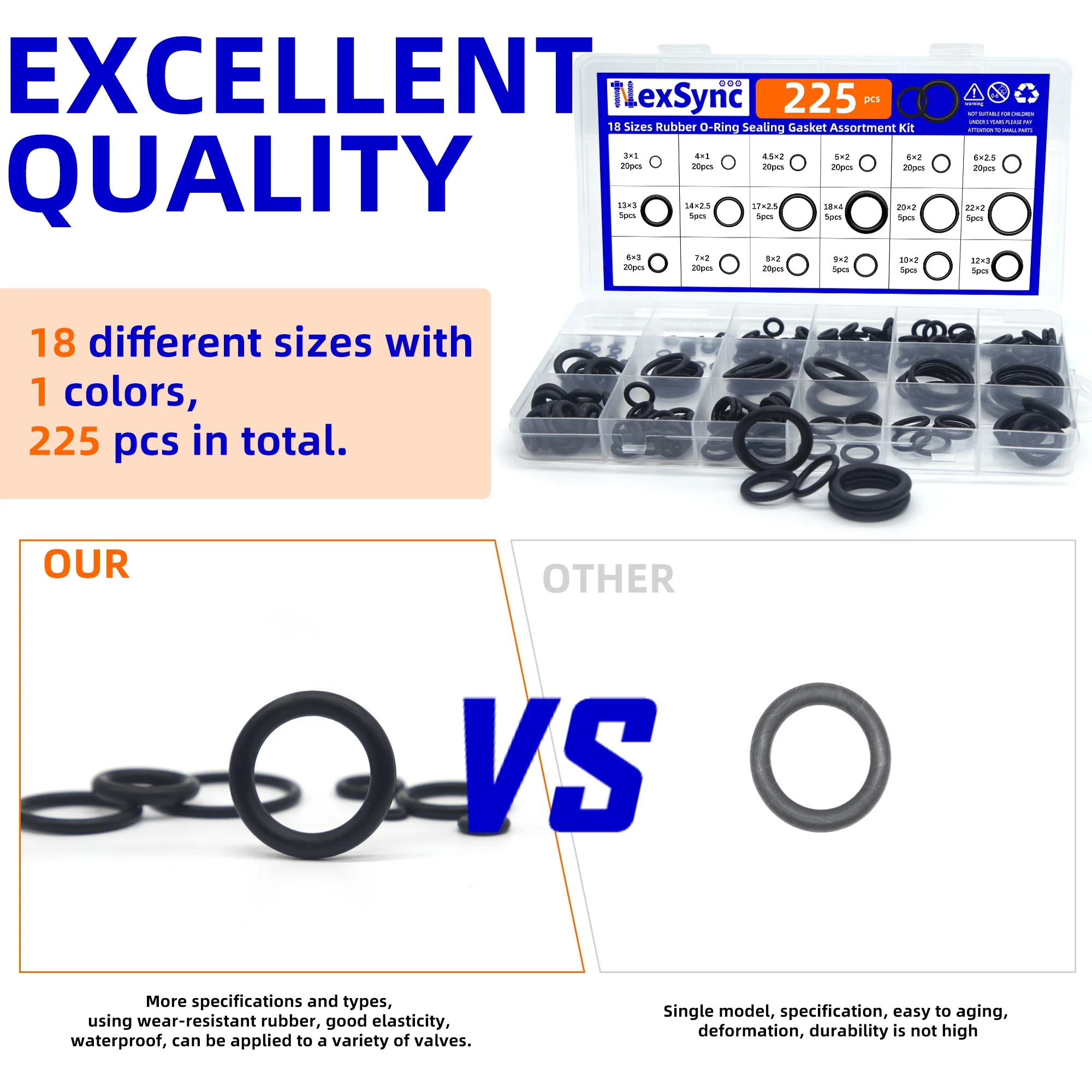 200/225pcs Rubber O Ring Set Gaskets Seal Nitrile Repair Kit