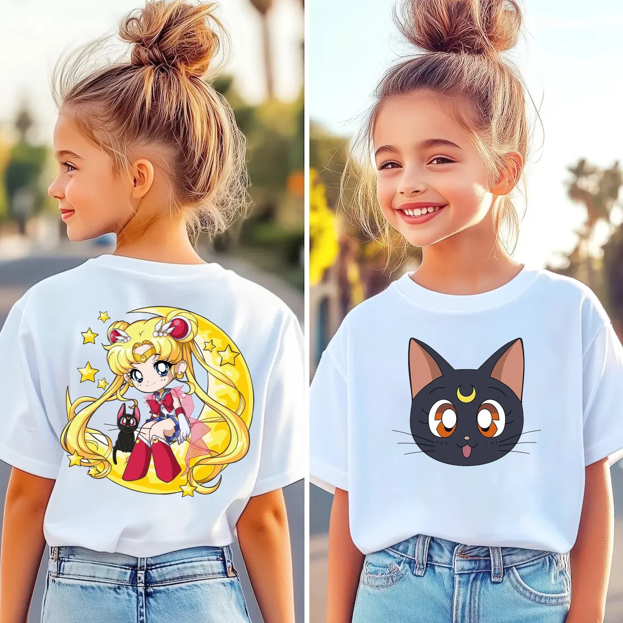 Children's Summer Sailor Moon Cartoon Print Loose Fit T-Shirt
