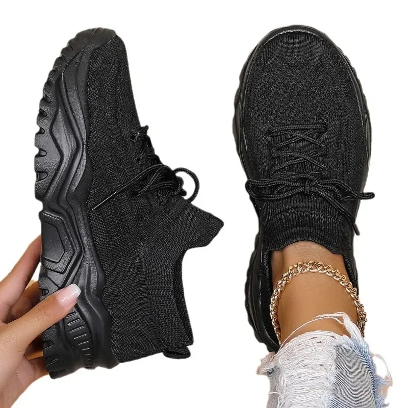 Fashion Stretch Knitting Sneakers for Women 2024 Autumn Couple Lace Up Non Slip Flats Casual Sports Shoes Woman Plus Size 44 5
