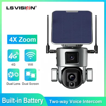 LS VISION 듀얼 렌즈 무선 태양 전지 카메라, 태양 전지 패널 휴머노이드 추적 PTZ 보안 캠, 4K, 8MP, 4G, WIFI, 4X 광학 줌