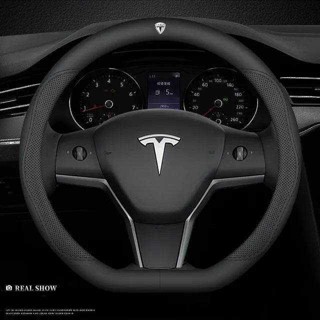 For Tesla Model 3 Model Y Model S Model X Roadster Leather Anti-slip Breathable Car Steering Wheel Cover Auto Accessories 1