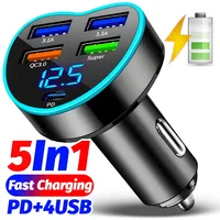 Heart-Shaped Car Charger with Light Ring PD+4USB Digital Display Cigarette Lighter Socket Fast Charging for IPhone Android IPad