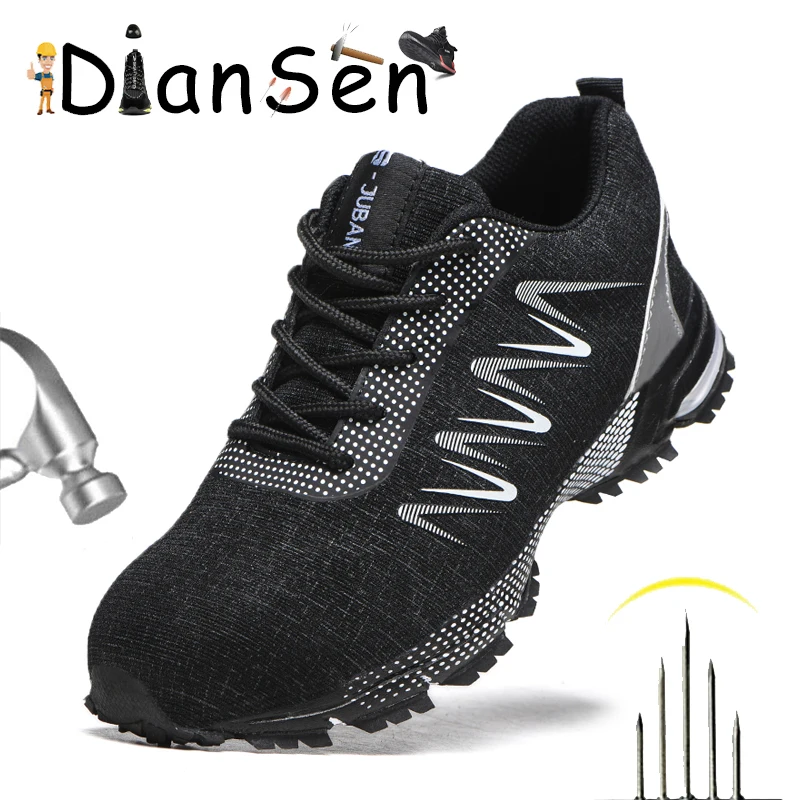 

DianSen Black Platform Work Safety Shoes Men Steel Toe Indestructible Man Puncture-Proof Footwear Security lightweight Sneakers