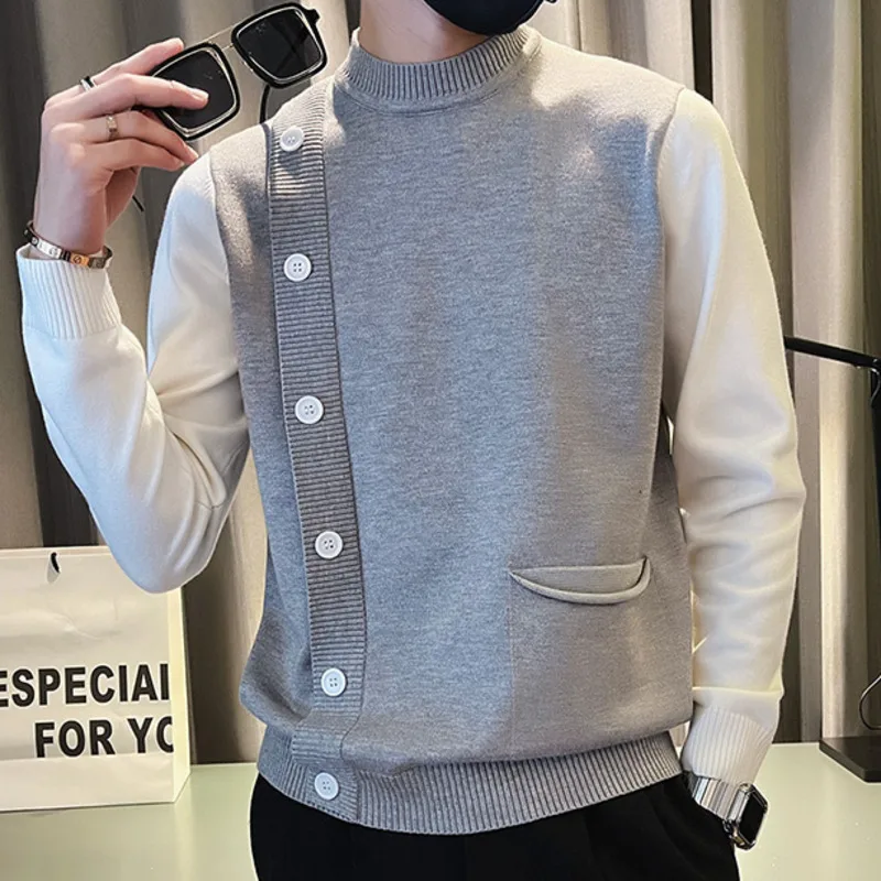 

Fall Fake Two Pieces Contrasting Colors Pullover Sweater Streetwear Hip Hop Casual Outerwear Tops Men Turtleneck Sweater