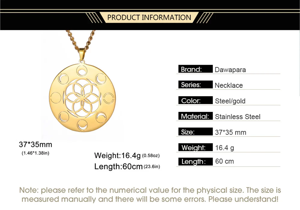 Dawapara Klassische Samen des Lebens Frauen Halskette Mondphase Anhänger Heilige Geometrie Wicca Glück Amulett Edelstahl Schmuck – Detail 2
